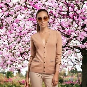 Halogen Women's Tan Merino Wool V-Neck Cardigan S Button Front Zip Pockets EXC